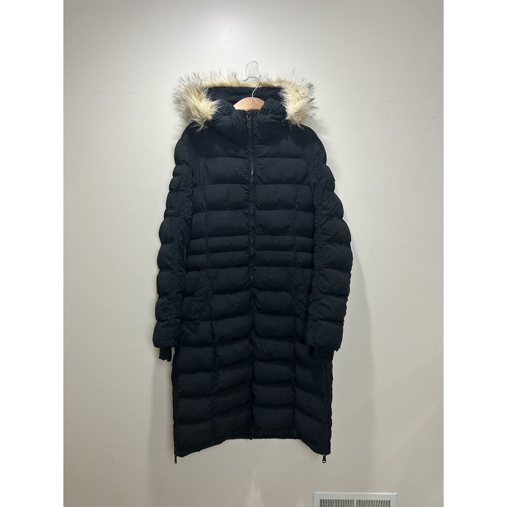 Pajar Women’s Black Long Hooded Fur Trim Lined Puffer Coat Zip/Button Size S